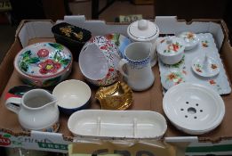 A mixed lot to include a lacquered oriental box, China dressing table set, pin trays etc.
