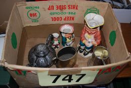 A collection of Toby jugs in varying sizes by Burlington together with a silver plate teapot etc