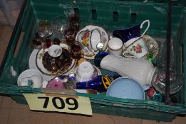 A mixed lot of glass and china to include paperweights, Wedgwood bowl etc.