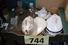 A mixed box of items to include tureens, Glass decanters etc.