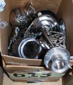 Two boxes to include silver plate items - candlestick, jug etc along with a small quantity of copper