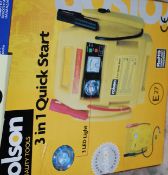 A boxed Rolson 3-in1 Quickstart jumpstart motoring compressor.