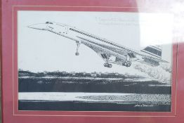 A limited edition pencil sketch print of concorde with personal notation being signed by the artist