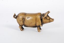 A vintage small brass vesta in the form of a pig having striker to the underbelly