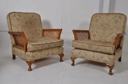 A 1940`s beech bergere sofa settee to include 2 matching armchairs. Sofa W163cms, arm chairs W73cm