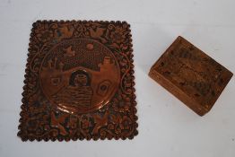 A Moorish wall plaque in brass along with a straw work box