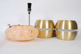 A 1930`s Art Deco mottled orange glass hanging light shade with chains along with a pair of retro