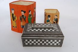 An unusual inlaid work box of sarcophagus form together with 2 Chinese baskets having handweave