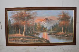 A large 20th century oil on canvas of a mountain river scene. 60cm x 120cm.