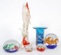 4 paperweights, including 2 millefoiri, along with a Mdina vase and a Murano style fish.