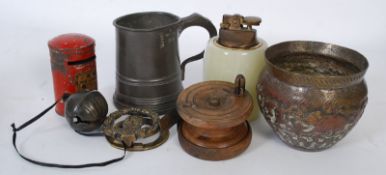 A mixed lot of items to include an Onyx desk cigarette lighter, pressed metal indian dish, small