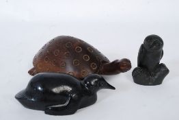 3 decorative carved wooden and stone figurines, possibly Inuit to include a turtle, an owl and a