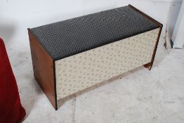 A retro 1970`s upholstered blanket box together with a mahogany sewing box complete with contents