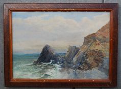A 19th century watercolour of a seascape. Figures to rocks in front of waves and remote bay to