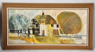 Martin Aynscombe Harris (1960's) oil and mixed media on board of semi-abstract cottage / farmhouse