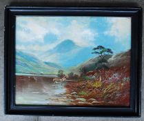 B hunt. 1887 Victorian oil on canvas painting of a highland scene with stag and lake to
