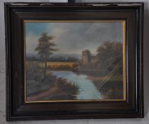 An English School 19th century oil on board painting depicting a country scene with river and