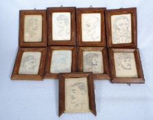 A good collection of 9 early 20th century naive school pen drawn portrait pictures complete in