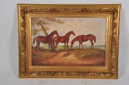 A large oil on canvas painting of horses set within a heavy and large gilt rococo frame with foliate