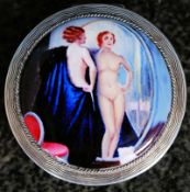 A silver ladies compact having an enamel set erotic nude scene set to centre