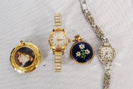2 decorative ladies fob watches in gilt cases together with 2 ladies wristwatches, one being a Felca