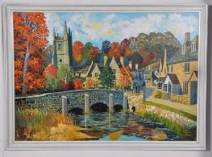 J. MacDonald (1978) oil on board of Castle Combe village. Signed and dated to lower corner.