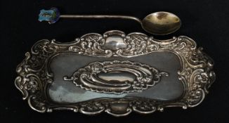 An hallmarked silver pin dish along with a hallmarked enambled spoon. 29g.