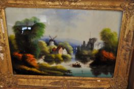 An antique English / Dutch painting on glass of river scene in a gilt frame. 38cm x 57cm.