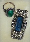 A ladies silver and blue sapphire brooch together with a white metal agate Cabochon ladies