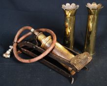 A WWII military Kismet Lorry foot pump, along with two trench art shell vases.