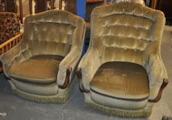 A 1940's mahogany framed 3 piece sofa settee suite. To include the 2 armchairs. Upholstered in green