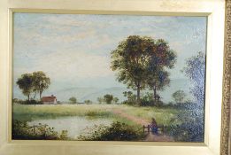 B.Davies 1875 19th century oil on board of and English school country scene with notation to