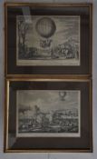 A pair of framed folio prints (reissued in 1966) each depicting early balloon flights. The first