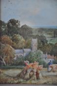 WG Lott - framed and glazed watercolour painting of a Cotswold farming scene with church to