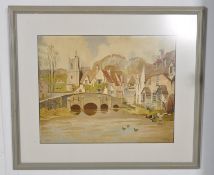 Teal (20th century) oil painting of Castle Combe village. Signed to lower corner.
