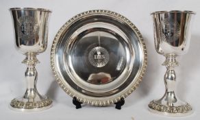 A 19th century trio communion church set in silver plate comprising of two goblets / chalices and