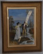 A framed and glazed oil painting depicting a courting couple in a period setting. Unsigned