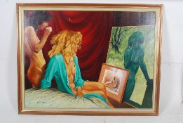 Malcolm Morris. A large oil on canvas of a 1980's scene with nude females and portraits. Signed to