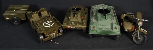 An original 1960's Action Man tank (x2) along with motorcycle and sidecar, jeep and trailor.