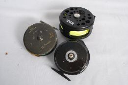 3 fly fishing rod reels. One a Hardy Princess with fly line WF7S, plus one Intrepid Fly Reel #7/8