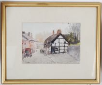 T. Miller (20th century) quaint watercolour of cottage village scene. Signed to lower corner. 12cm x