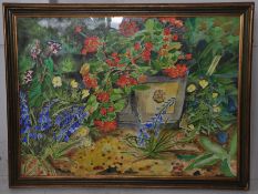 A large watercolour framed and glazed painting of a still life garden scene. Framed and glazed