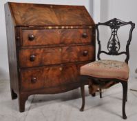 A Georgian flame mahogany inlaid bureau together with an Edwardian dining / desk chair. (See