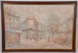 A large framed 20th century oil on board painting of a continental street scene. Signed to lower