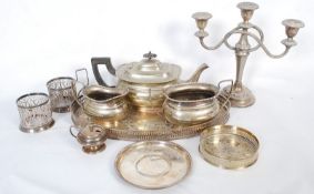A quantity of silver plate items to include candelabra, wine coaster, fine cup holders and other