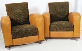 A pair of 1930,s Art Deco armchairs upholstered in yellow rexxine with original velour seats.