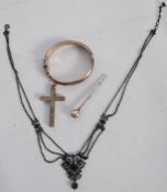A heavy chase decorated hallmarked silver pendant cross together with an Art Nouveau necklace, a