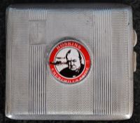 A mid 20th century silver cigarette case with reeded decoration having a Winston Churchill plaque