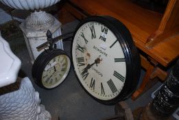2 antique style station clocks. One, the dial marked for Newgate, London. The other small being