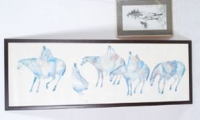 A large Chinese frame and glazed rectangular print of horses